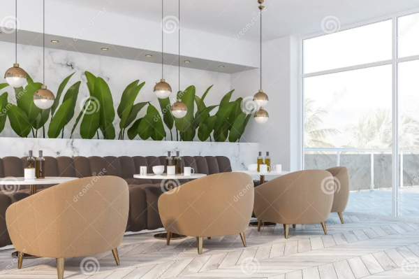 Cafe dengan kursi berlengan dan meja marmer